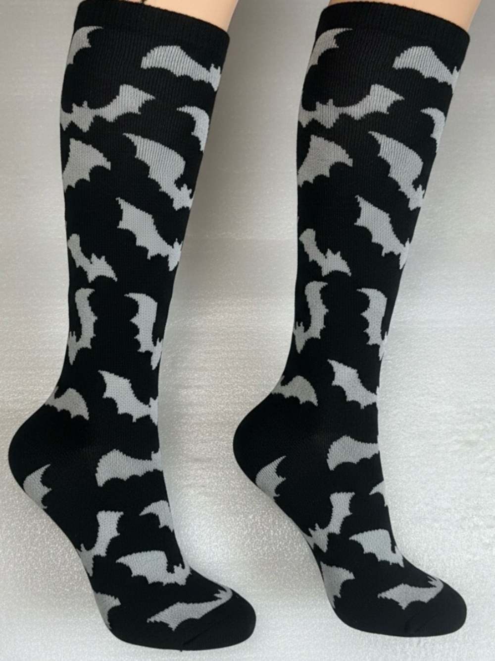 Black & White Bat Pattern Knee-High Socks - Unbranded